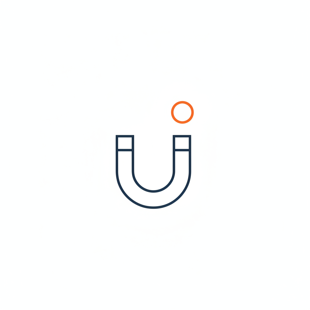 Ein dunkelblaues Hufeisen-Symbol mit einem kleinen orangefarbenen Kreis darüber auf weißem Hintergrund.